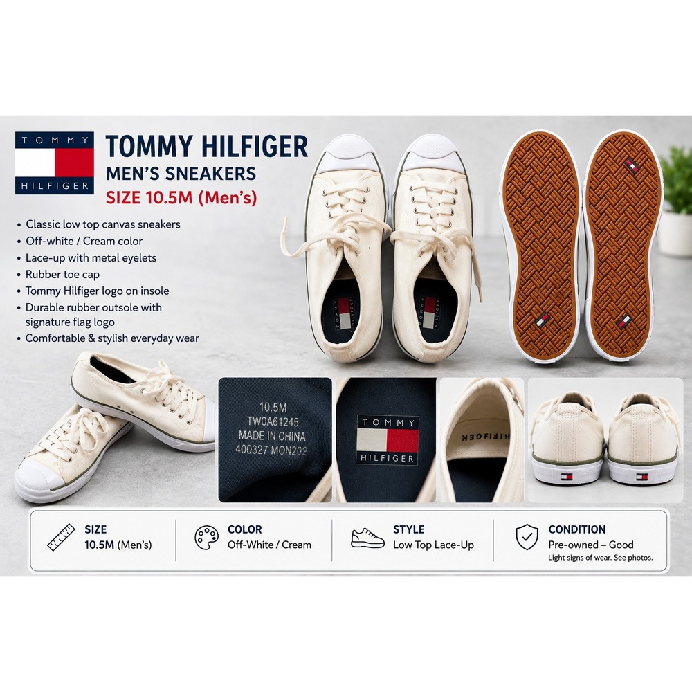Tommy Hilfiger Mens 10.5M Canvas Low Top Sneakers White TM04612‎ Lace Up Shoes